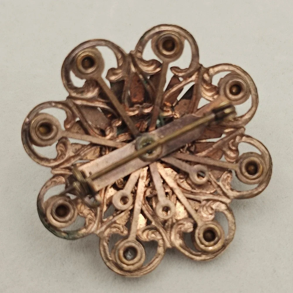 Vintage Brooch Pin Faux Pearl Rhinestone Copper Tone Flower Starburst Statement